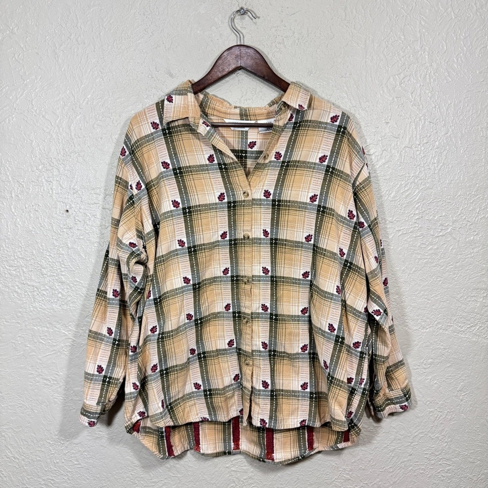 Vtg 90s Cottagecore Cotton Top 2X Button Tunic Country Leaf Granny Festival Boho